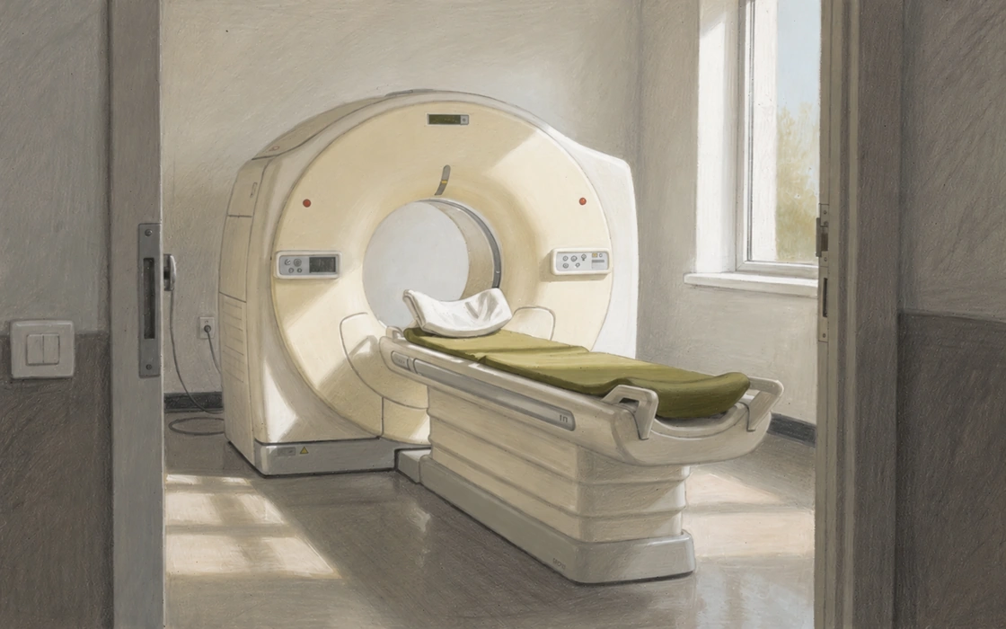 An empty CT scanner room with a cream gantry and an extended examination table