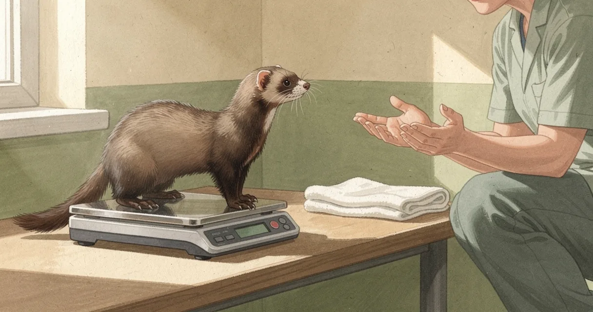 A sable ferret standing on a weighing platform beside an anonymous animal-care technician