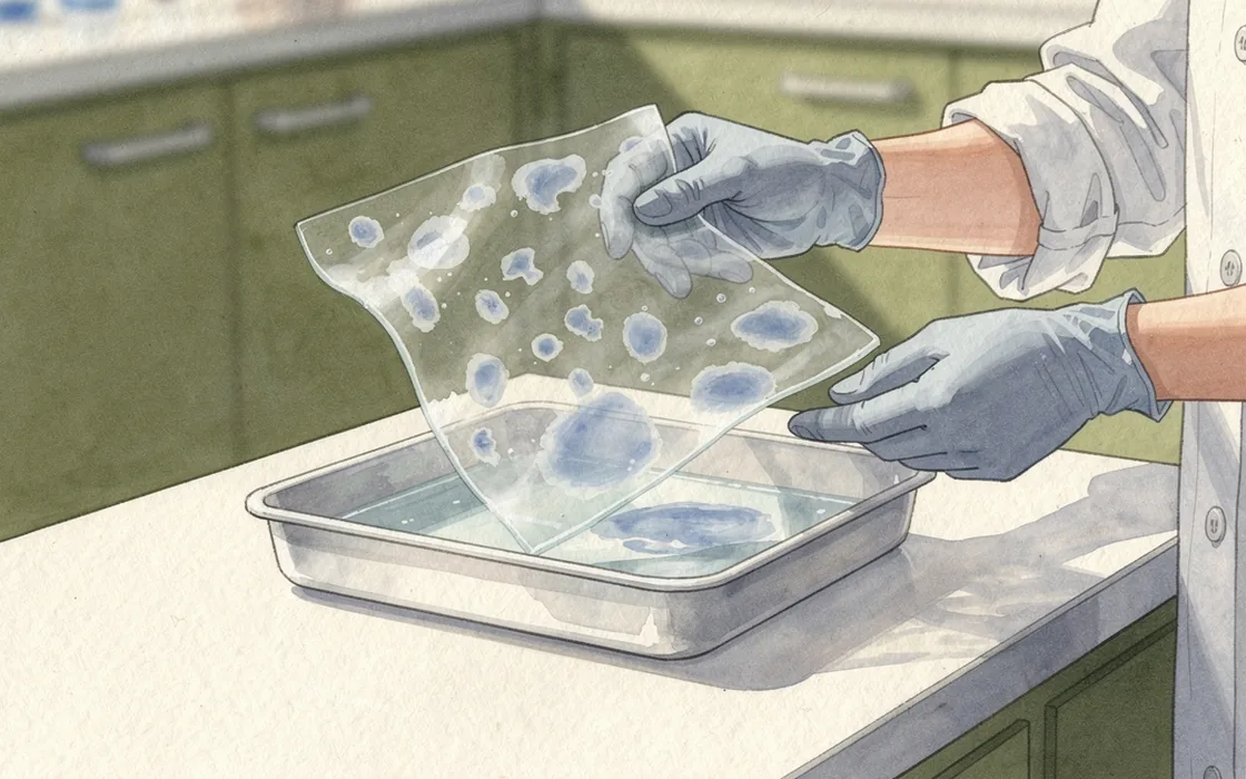 An anonymous technician lifting a translucent protein-separation gel over a shallow tray